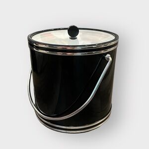 Vintage MCM Retro Black Vinyl with Dual Silver Bands Ice Bucket For Bar Barware